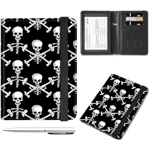 Decahouy Reisepass- und Impfkartenhalter, Reisepasshülle mit RFID-Blockierung, Leder-Impfkartenschlitz, Reisepasshülle für Damen und Herren, Schwarz-weiße Cartoon-Skelette, with Pen von Decahouy