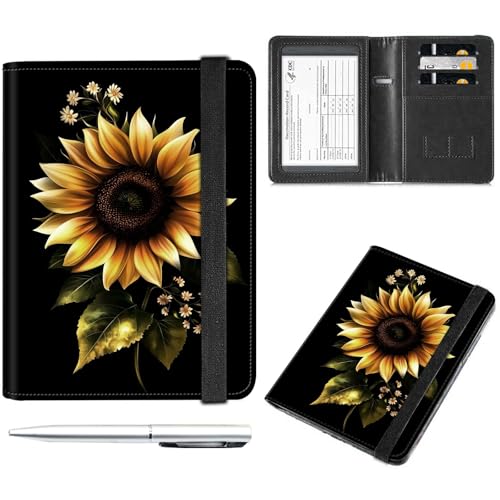 Decahouy Reisepass- und Impfkartenhalter, Reisepasshülle mit RFID-Blockierung, Leder-Impfkartenschlitz, Reisepasshülle für Damen und Herren, Sonnenblume mit kleiner Blume, with Pen von Decahouy