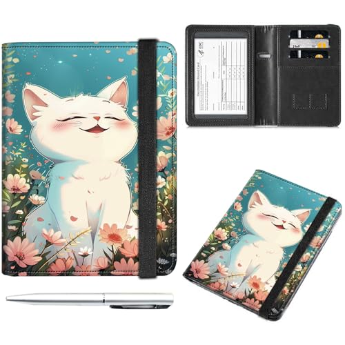 Decahouy Reisepass- und Impfkartenhalter, Reisepasshülle mit RFID-Blockierung, Leder-Impfkartenschlitz, Reisepasshülle für Damen und Herren, Süße lächelnde weiße Katze, with Pen von Decahouy