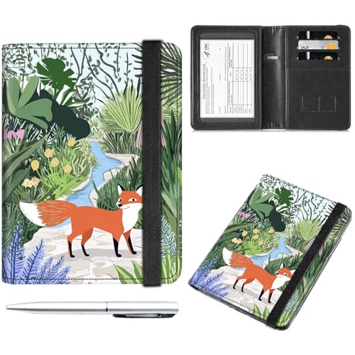 Decahouy Reisepass- und Impfkartenhalter, Reisepasshülle mit RFID-Blockierung, Leder-Impfkartenschlitz, Reisepasshülle für Damen und Herren, Süßer Fuchs im Garten, with Pen von Decahouy