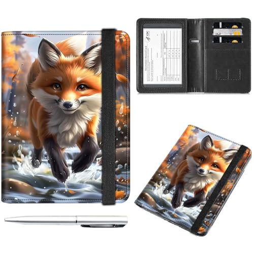 Decahouy Reisepass- und Impfkartenhalter, Reisepasshülle mit RFID-Blockierung, Leder-Impfkartenschlitz, Reisepasshülle für Damen und Herren, Süßer Fuchs läuft im Wald, with Pen von Decahouy