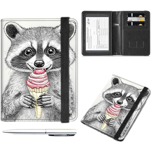 Decahouy Reisepass- und Impfkartenhalter, Reisepasshülle mit RFID-Blockierung, Leder-Impfkartenschlitz, Reisepasshülle für Damen und Herren, Süßer Waschbär isst Eis, with Pen von Decahouy