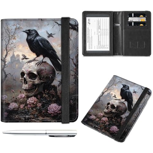 Decahouy Reisepass- und Impfkartenhalter, Reisepasshülle mit RFID-Blockierung, Leder-Impfkartenschlitz, Reisepasshülle für Damen und Herren, Totenkopf Krähe und Rosen, with Pen von Decahouy