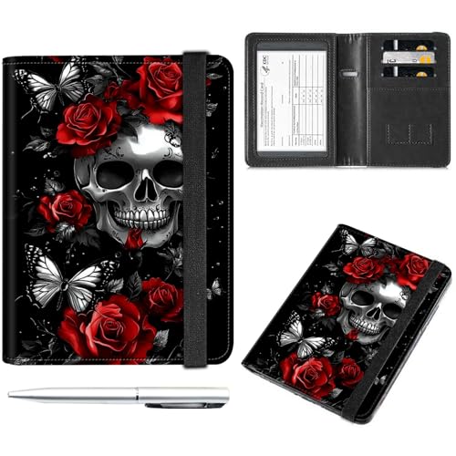 Decahouy Reisepass- und Impfkartenhalter, Reisepasshülle mit RFID-Blockierung, Leder-Impfkartenschlitz, Reisepasshülle für Damen und Herren, Totenkopf rote Rosen und Schmetterling, with Pen von Decahouy