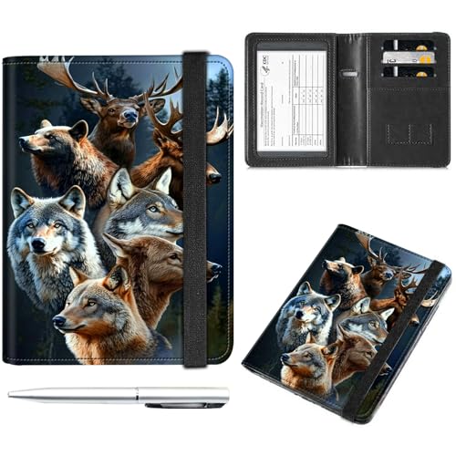 Decahouy Reisepass- und Impfkartenhalter, Reisepasshülle mit RFID-Blockierung, Leder-Impfkartenschlitz, Reisepasshülle für Damen und Herren, Wolfsbär und Hirsch, with Pen von Decahouy
