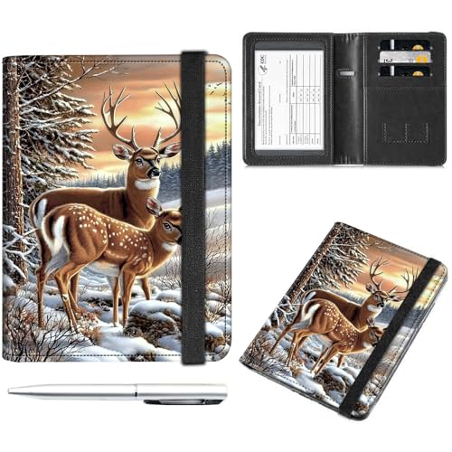 Decahouy Reisepass- und Impfkartenhalter, Reisepasshülle mit RFID-Blockierung, Leder-Impfkartenschlitz, Reisepasshülle für Damen und Herren, Zwei Hirsche im Winterwald, with Pen von Decahouy