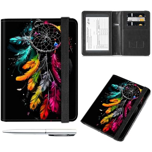 Reisepass- und Impfkartenhalter, Reisepasshülle mit RFID-Blockierung, Leder-Impfkartenschlitz, Reisepasshülle für Damen und Herren, Bunte Traumfänger-Feder von Decahouy