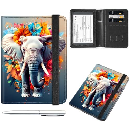 Reisepass- und Impfkartenhalter, Reisepasshülle mit RFID-Blockierung, Leder-Impfkartenschlitz, Reisepasshülle für Damen und Herren, Eleganter Elefant und Blumen von Decahouy