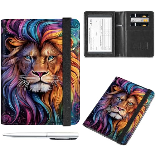 Reisepass- und Impfkartenhalter, Reisepasshülle mit RFID-Blockierung, Leder-Impfkartenschlitz, Reisepasshülle für Damen und Herren, Majestätischer bunter Löwe von Decahouy