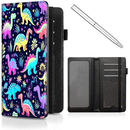 Scheckbuchhülle für Damen und Herren, Leder, RFID-blockierend, Scheckbuch, persönliches Scheckbuch und Register, mit Kreditkartenfach und Gummiband und Scheckbuchhüllen für Damen, Süße Dinosaurier von Decahouy