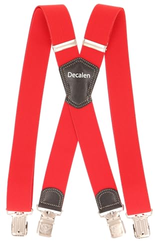 Decalen Herren Hosenträger Schwerlast Verstellbar mit 4 Starken Clips, 40 mm Breit Ideal für Arbeit, Freizeit & Formelle Anlässe, Einheitsgröße, Längste Länge, X Form (Rot 1) von Decalen