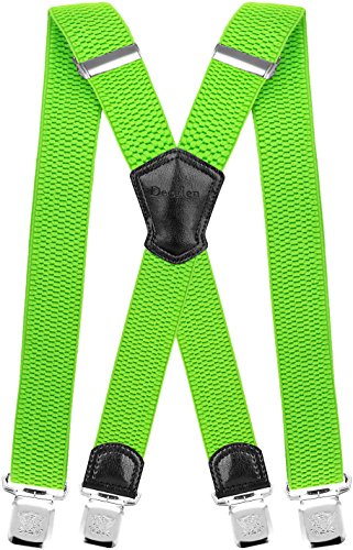 Decalen Hosenträger für Herren Breit 4 cm mit sehr Starken 4 Metall Clip Lang Einheitsgröße für Männer und Damen Einstellbar und Elastisch X Style (Grünes Neon) von Decalen