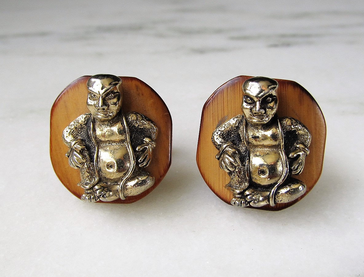 Vintage Wütend Budha Swank Marke Holz & Goldfarbene Metall Manschettenknöpfe Etc6241 von DecaturCoinNJewelry