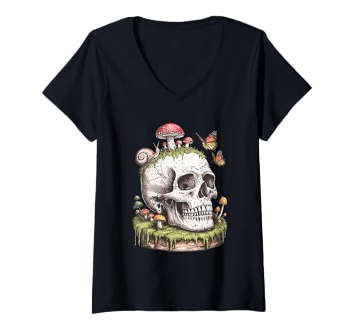 Damen Totenkopf mit Pilzen, Schnecke und Schmetterlingen Gothic Naturecore T-Shirt mit V-Ausschnitt von DecayBloom