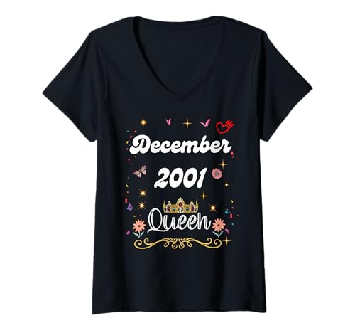 Damen Dezember 2001 Queen Since December 2001 Birthday Girl Women T-Shirt mit V-Ausschnitt von December 2001 Queen Since December 2001 Birthday