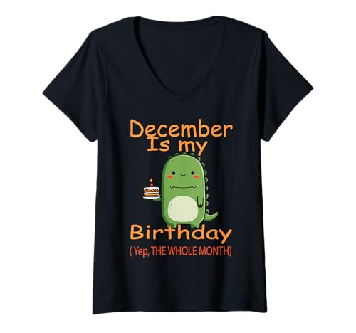 Damen Dezember Geburtstag Dinosaurier mit Kuchen Lustiger Geburtstag T-Shirt mit V-Ausschnitt von December Dinosaur Birthday Cake