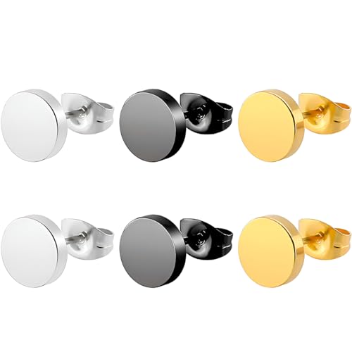 1 SET Hypoallergen 316L Edelstahl Rund Ohrringe Stud Männer Fake Ears Plugs Wasserfest False Flachem Verschluss Kleine Ohrstecker Stecker Schmuck Piercing Herren Damen Kinder Silber/Schwarz/Gold 6 mm von Decentraland