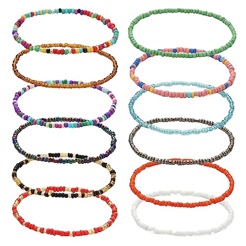 12 Pcs Böhmische Fußkettchen Armband, handgemachte Perlen Sommer Fußkettchen Armband Elastischer Faden Glasperlen Fußkettchen Bunte mehrschichtige Perlen Fußschmuck für Frauen Mädchen Damen von Decentraland