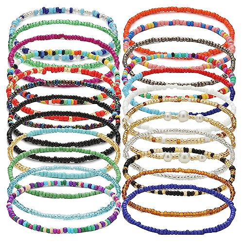 24 Pcs Böhmische Fußkettchen Armband, handgemachte Perlen Sommer Fußkettchen Armband Elastischer Faden Glasperlen Fußkettchen Bunte mehrschichtige Perlen Fußschmuck für Frauen Mädchen Damen von Decentraland