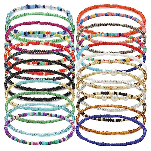 24 Pcs Böhmische Fußkettchen Armband, handgemachte Perlen Sommer Fußkettchen Armband Elastischer Faden Fußkettchen Bunte mehrschichtige Perlen Fußschmuck für Frauen Mädchen Damen von Decentraland