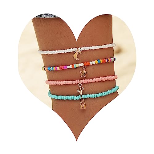 4 Pcs Böhmische Fußkettchen Armband, handgemachte Perlen Sommer Fußkettchen Armband Elastischer Faden Fußkettchen Bunte mehrschichtige Perlen Fußschmuck für Frauen Mädchen Damen von Decentraland