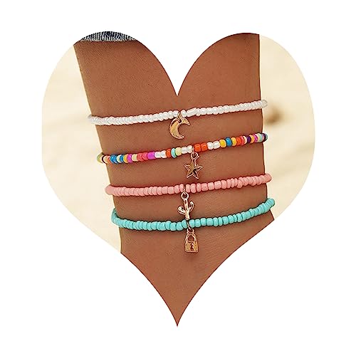 4 Pcs Böhmische Fußkettchen Armband, handgemachte Perlen Sommer Fußkettchen Armband Elastischer Faden Glasperlen Fußkettchen Bunte mehrschichtige Perlen Fußschmuck für Frauen Mädchen Damen von Decentraland