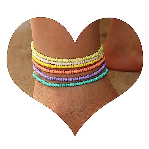 6 Pcs Böhmische Fußkettchen Armband, handgemachte Perlen Sommer Fußkettchen Armband Elastischer Faden Fußkettchen Bunte mehrschichtige Perlen Elastischer Fußschmuck für Frauen Mädchen von Decentraland