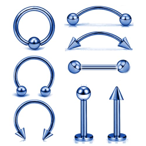 8 Stück 16G Blau Chirurgenstahl gerade gebogene Hanteln Hufeisen Schlangenaugen Zunge Nippel Bauch Augenbraue Nasenringe Ohrstecker Knorpel Mund Hoop Piercing Schmuck Damen Herren von Decentraland