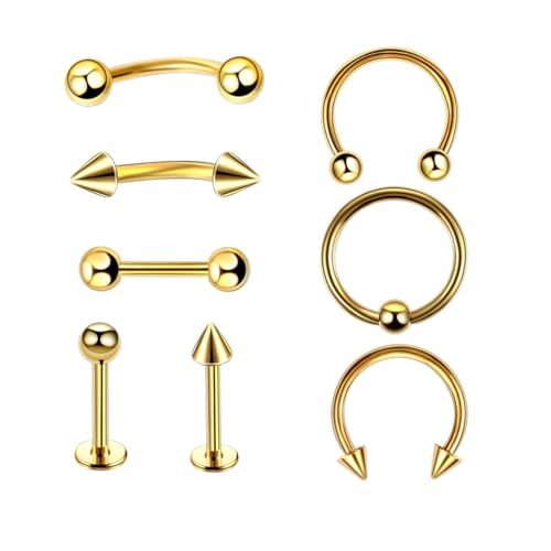 8 Stück 16G Gold Chirurgenstahl gerade gebogene Hanteln Hufeisen Schlangenaugen Zunge Nippel Bauch Augenbraue Nasenringe Ohrstecker Knorpel Mund Hoop Piercing Schmuck Damen Herren von Decentraland