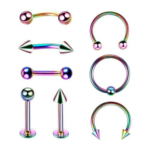 8 Stück 16G Regenbogen Chirurgenstahl gerade gebogene Hanteln Hufeisen Schlangenaugen Zunge Nippel Bauch Augenbraue Nasenringe Ohrstecker Knorpel Mund Hoop Piercing Schmuck Damen Herren von Decentraland