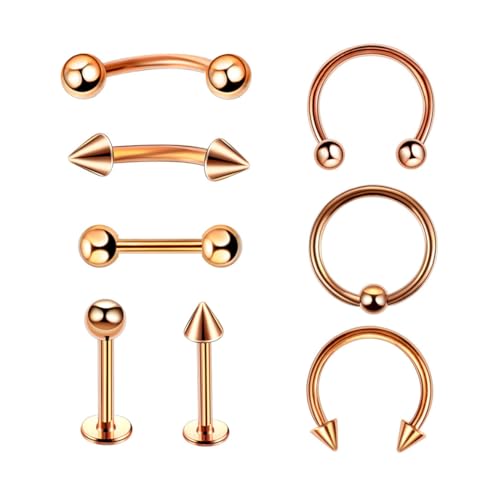 8 Stück 16G Roségold Chirurgenstahl gerade gebogene Hanteln Hufeisen Schlangenaugen Zunge Nippel Bauch Augenbraue Nasenringe Ohrstecker Knorpel Mund Hoop Piercing Schmuck Damen Herren von Decentraland