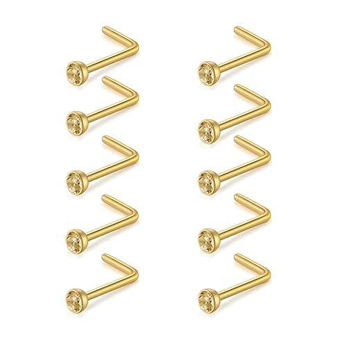 Decentraland 10 Stück golden-golden (L-förmiger Nasenring) Nasenstecker aus chirurgischem Stahl/Titan für Damen-Nasenloch-Piercing-Schmuck, 20 g von Decentraland