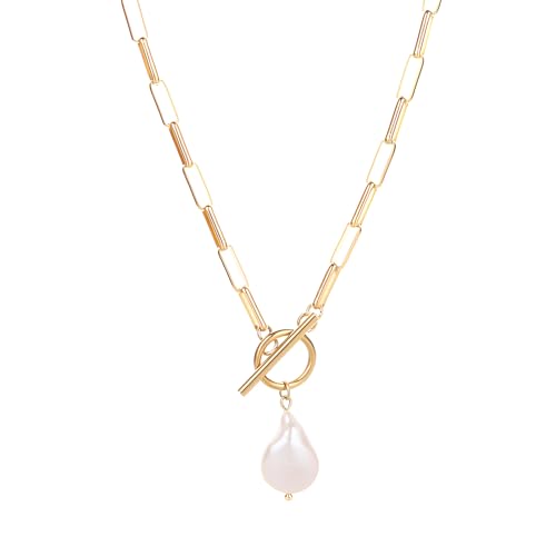 Decentraland Halskette mit langem Anhänger aus barockem Gold mit Süßwasserperle, Paperclip-Toggle-Drop-Halskette aus Edelstahl für Damen von Decentraland