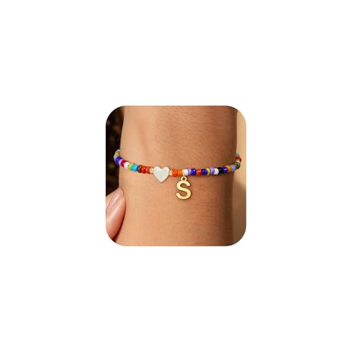 Decholly Bunte Initialen-Armbänder für Damen und Mädchen – niedliches Perlenherz-Armband für Teenager, Mädchen, trendiges Geschenk, böhmisches Gold-Charm-Armband, personalisierte Geschenke für Frauen von Decholly