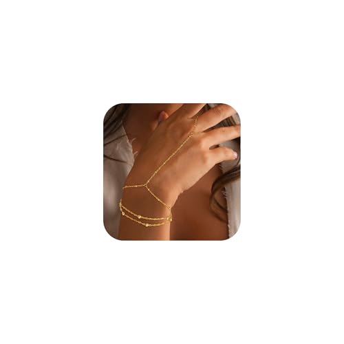 Decholly Handketten-Armbänder für Frauen – 14 Karat echt-vergoldet, zierliche, stapelbare Büroklammer-Gliederarmbänder, Handkettenarmband, Ring, goldene Armbänder für Frauen, trendig, 6+2, Messing von Decholly