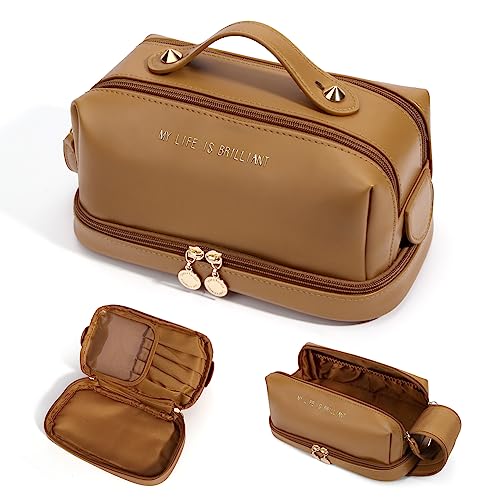 Deciniee Reise Kosmetiktasche Damen: Doppelschicht Makeup Tasche für Damen - PU Leder Schminktasche Organizer für Reisen Täglicher Gebrauch - Braun von Deciniee