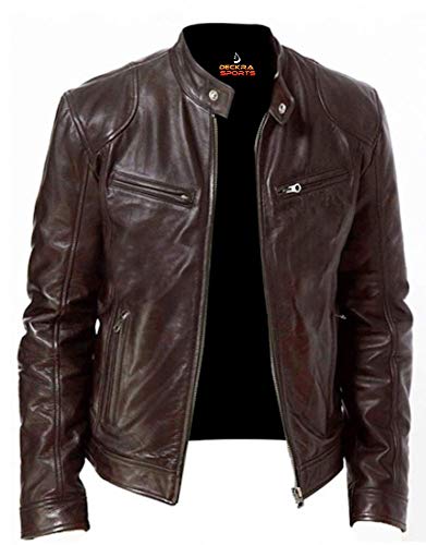 Deckra Herren Echtlederjacke Rindsleder Motorrad Motorrad Moto-Jacke Echtleder Schwarz/Braun (DE/NL/SE/PL, Alphanumerisch, L, Regular, Regular, Braun) von Deckra