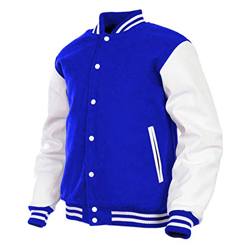 Herren-Varsity-Jacke, Echtlederärmel und Wollmischung, Letterman, Jungen, College-Jacke, Größe XS-5XL, Blau (AR-3), 3XL von Deckra