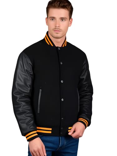 Herren Varsity Jacke Echtes Leder Ärmel und Wollmischung Letterman Jungen College Varsity Jacken XS-5XL, Schwarz (gelbes Futter), M von Deckra
