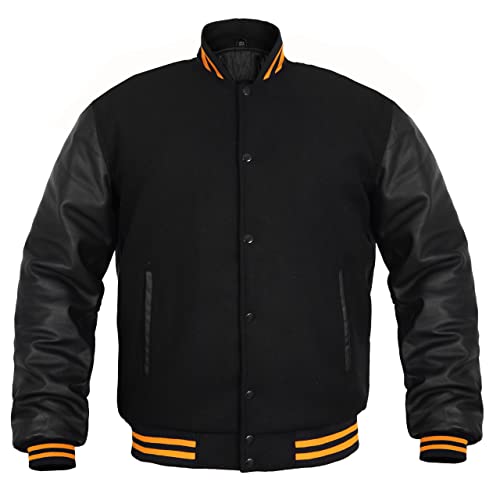 Herren Varsity Jacke Echtes Leder Ärmel und Wollmischung Letterman Jungen College Varsity Jacken XS-5XL, Schwarz (gelbes Futter), XXL von Deckra
