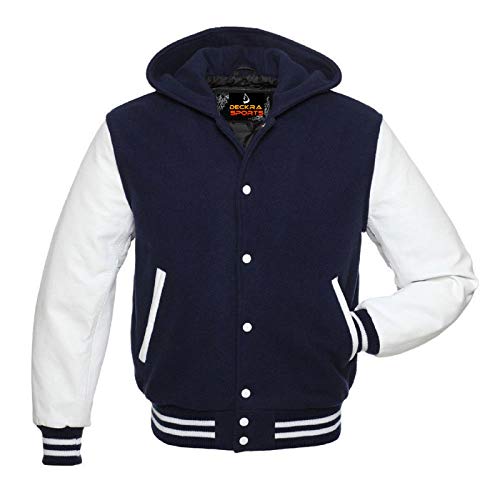 Herren Varsity Jacke Hoodie Rindsleder Arme und Wolle Letterman College Top Coat - Blau - 4X-Large von Deckra