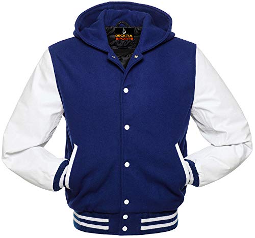 Herren Varsity Jacke Hoodie Rindsleder Arme und Wolle Letterman College Top Coat - Blau - Large von Deckra