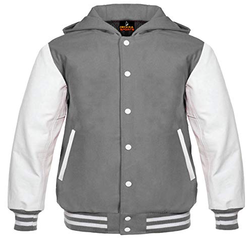 Herren Varsity Jacke Hoodie Rindsleder Arme und Wolle Letterman College Top Coat - Grau - 4X-Large von Deckra