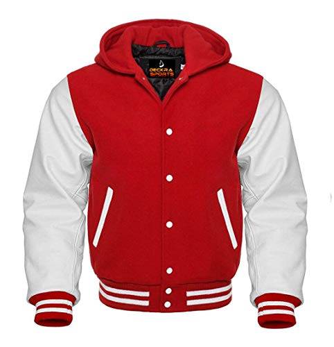 Herren Varsity Jacke Hoodie Rindsleder Arme und Wolle Letterman College Top Coat - Rot - 4X-Large von Deckra