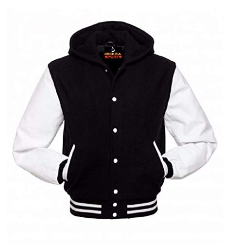 Herren Varsity Jacke Hoodie Rindsleder Arme und Wolle Letterman College Top Coat - Schwarz - Small von Deckra