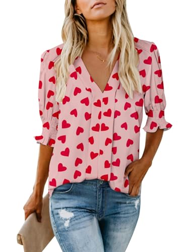 Decogiver Elegante Damenbluse mit V-Ausschnitt, Puffärmeln, plissiert, modisches Thema, Urlaubs-Bluse, Rotes Herz, Rosa, X-Groß von Decogiver