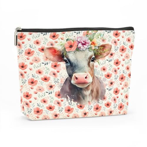 Kosmetiktasche mit buntem Blumenmotiv, Motiv: Westernkuh, Hirsch, Elefant, für Damen, Muttertag, Weihnachten, Geburtstag, WesternCow7, 9.8 x 7 inch von Decohim