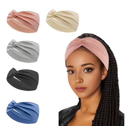 Sport Elastische Haarband, 5 Stück Stirnbänder für Damen, Yoga Haarschmuck, Stirnband Damen Elastisch, Haarreifen Breit, Elastische Haarbänder(Cremeweiß/Marineblau/Hellgrau/Dunkelgrau/Rosa) von DecorDwell