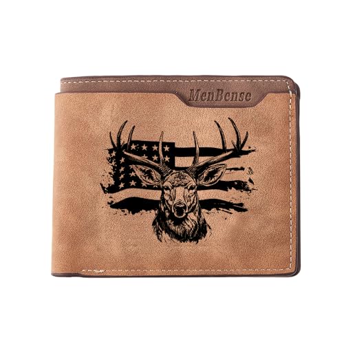 DecorMyWay Herren PU Geldbörse Mehrere Kartenfächer, Ausweisfenster mit Lasergravurmuster, Amerikanische Flagge Hirsch, 11.5cmx9.5cm, Klassisch von DecorMyWay