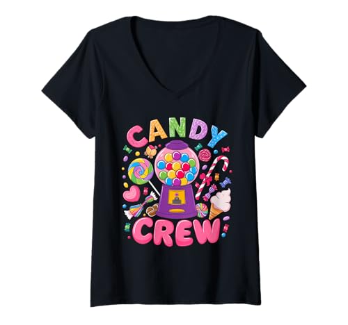Damen Candy Crew Candy Land Dekorationen Sweetie Candy Squad Lustig T-Shirt mit V-Ausschnitt von Decorations Sweetie Candy Squad For Men Women Kids